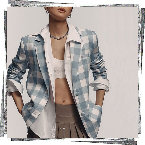 NWT: Blue & Creamy White Gingham Oversized Front Button Blazer (XS) - Picture 1 of 4